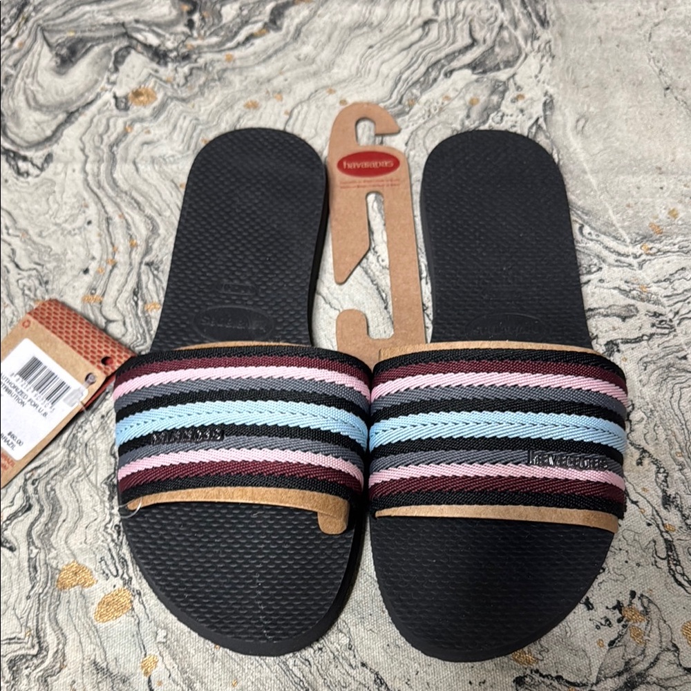 Havaianas Black Slides with Multicolor Stripes Size 37-38  US - 7-8